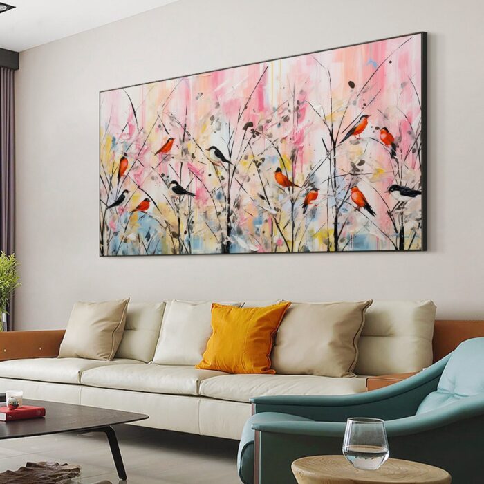 Colorful Birds On The Branch Painting Canvas Abstract Singing Birds Wall Art Standing Birds on Branches Canvas For Home Office Decor - Image 9