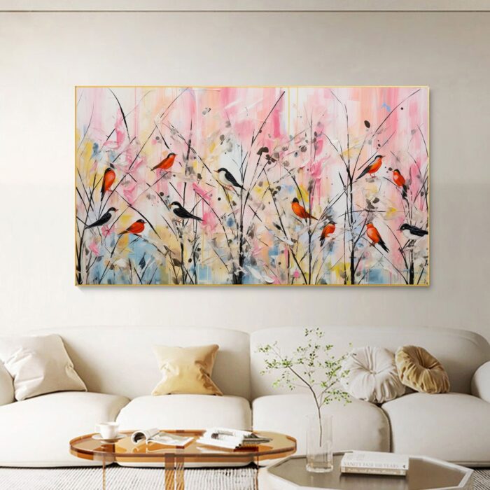 Colorful Birds On The Branch Painting Canvas Abstract Singing Birds Wall Art Standing Birds on Branches Canvas For Home Office Decor - Image 6