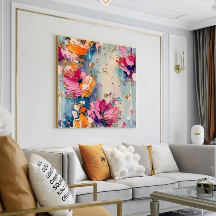 Colorful Floral Painting on Canvas Pink Flowers Wildflowers Square Painting For Living Room Dinning Room - Image 8