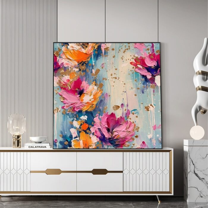 Colorful Floral Painting on Canvas Pink Flowers Wildflowers Square Painting For Living Room Dinning Room - Image 6