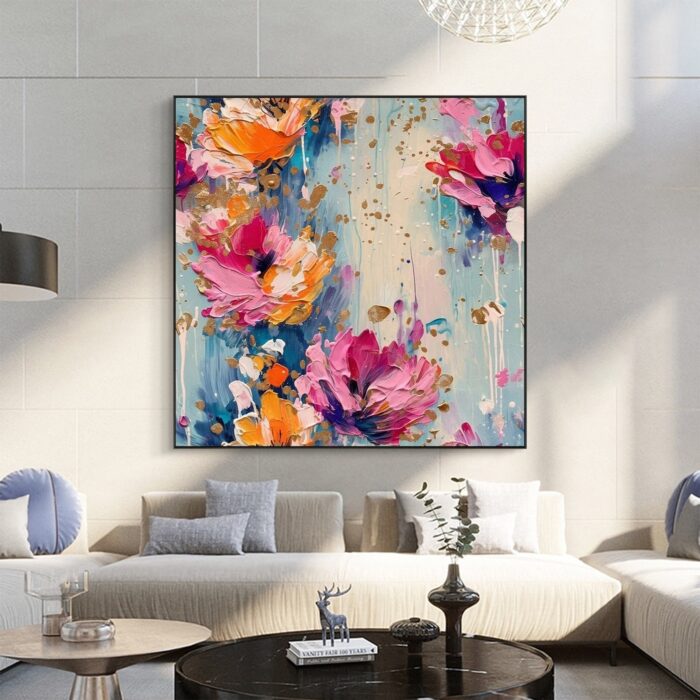 Colorful Floral Painting on Canvas Pink Flowers Wildflowers Square Painting For Living Room Dinning Room - Image 4