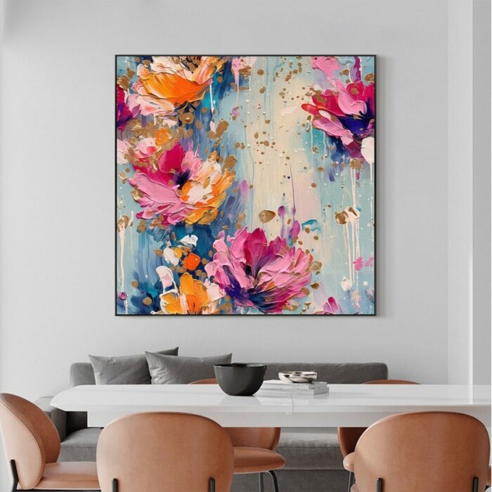 Colorful Floral Painting on Canvas Pink Flowers Wildflowers Square Painting For Living Room Dinning Room - Image 3