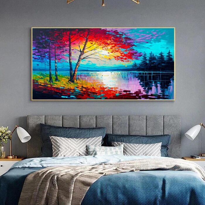 Colorful Lake Scenery Oil Painting Tree Beside The Lake Landscape Scene Pine Forest Wall Art Canvas for Living Room Bedroom