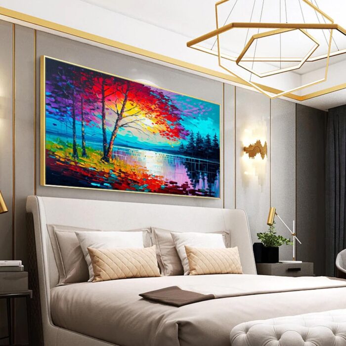 Colorful Lake Scenery Oil Painting Tree Beside The Lake Landscape Scene Pine Forest Wall Art Canvas for Living Room Bedroom - Image 6