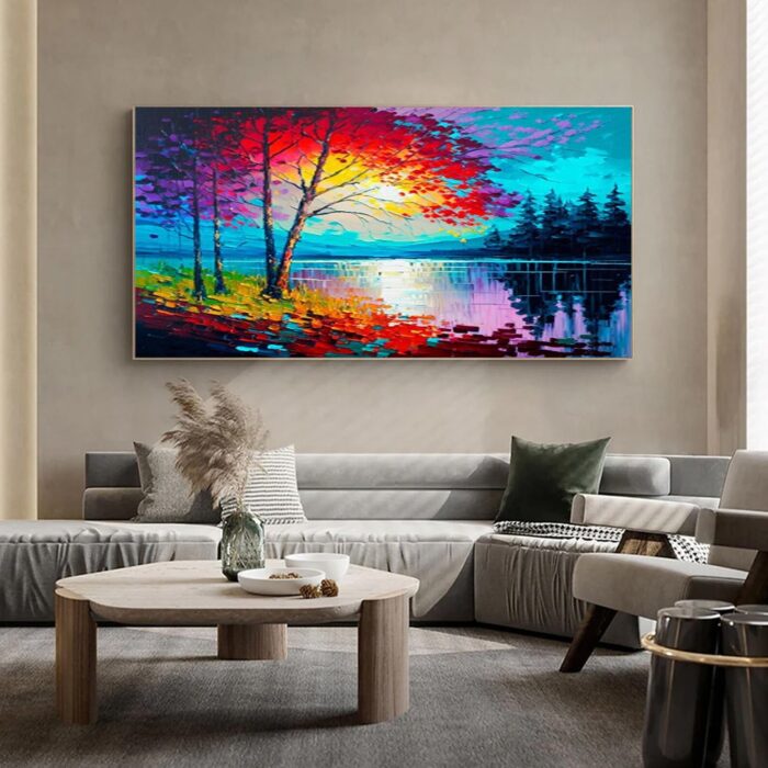 Colorful Lake Scenery Oil Painting Tree Beside The Lake Landscape Scene Pine Forest Wall Art Canvas for Living Room Bedroom - Image 3