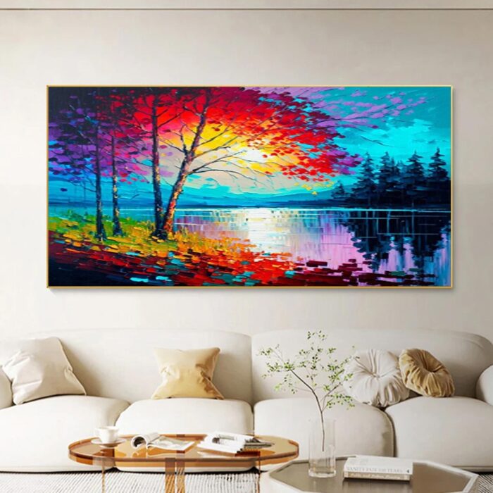 Colorful Lake Scenery Oil Painting Tree Beside The Lake Landscape Scene Pine Forest Wall Art Canvas for Living Room Bedroom - Image 4
