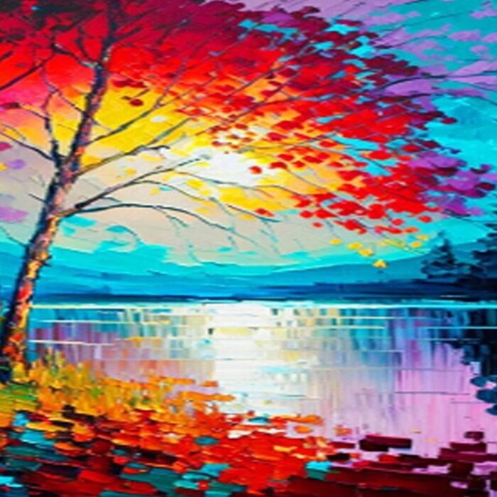 Colorful Lake Scenery Oil Painting Tree Beside The Lake Landscape Scene Pine Forest Wall Art Canvas for Living Room Bedroom - Image 2