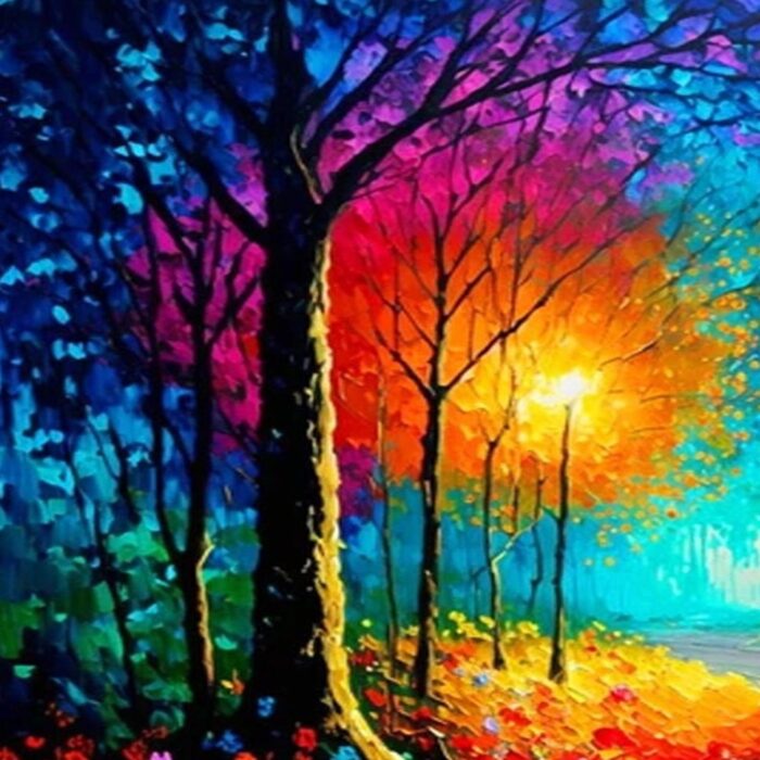 Colorful Park Oil Painting Autumn Park With Street Lights Roadside Canvas Wall Art for Home Living Room Bedroom Decor and Office Decoration - Image 2