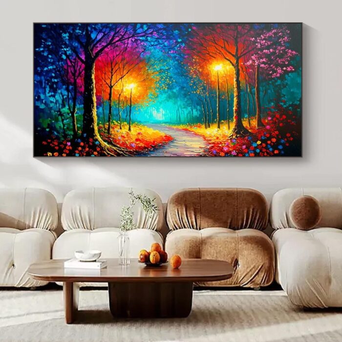 Colorful Park Oil Painting Autumn Park With Street Lights Roadside Canvas Wall Art for Home Living Room Bedroom Decor and Office Decoration