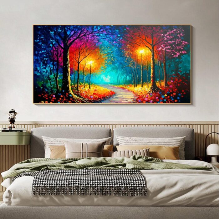 Colorful Park Oil Painting Autumn Park With Street Lights Roadside Canvas Wall Art for Home Living Room Bedroom Decor and Office Decoration - Image 6