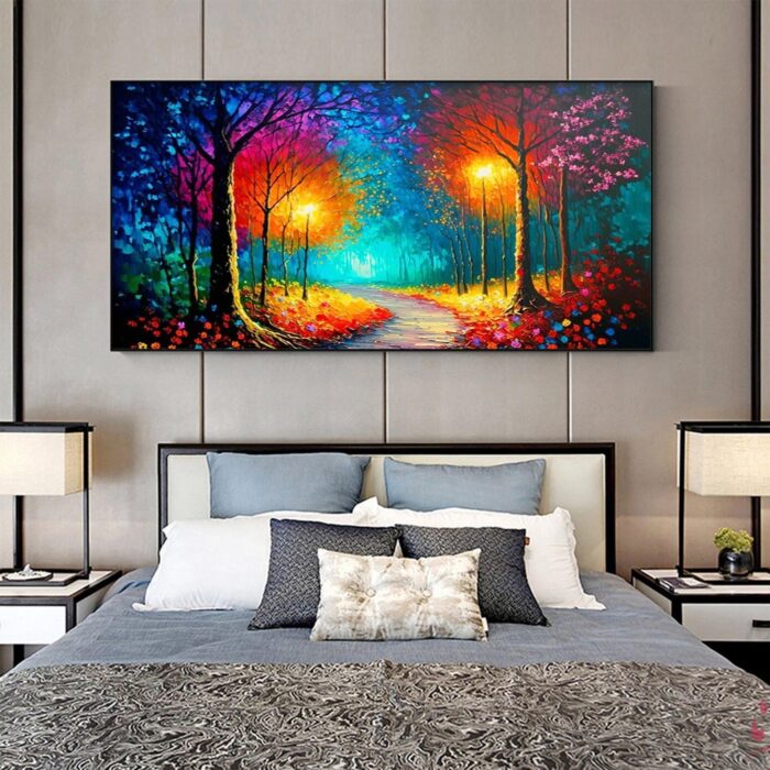 Colorful Park Oil Painting Autumn Park With Street Lights Roadside Canvas Wall Art for Home Living Room Bedroom Decor and Office Decoration - Image 5