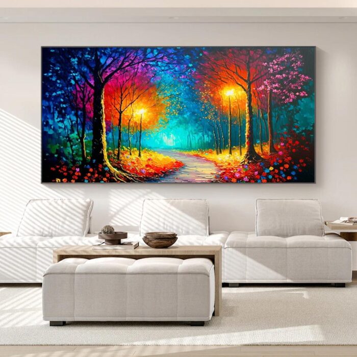 Colorful Park Oil Painting Autumn Park With Street Lights Roadside Canvas Wall Art for Home Living Room Bedroom Decor and Office Decoration - Image 4
