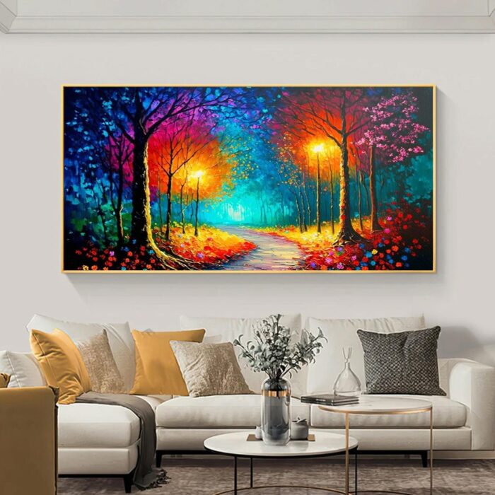 Colorful Park Oil Painting Autumn Park With Street Lights Roadside Canvas Wall Art for Home Living Room Bedroom Decor and Office Decoration - Image 3