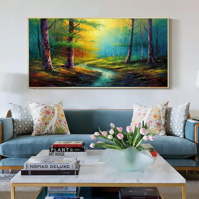 Large Forest Oil Painting Green Yellow Canvas Art Small Stream Landscape Artwork for Living Room Wall Decor - Image 4