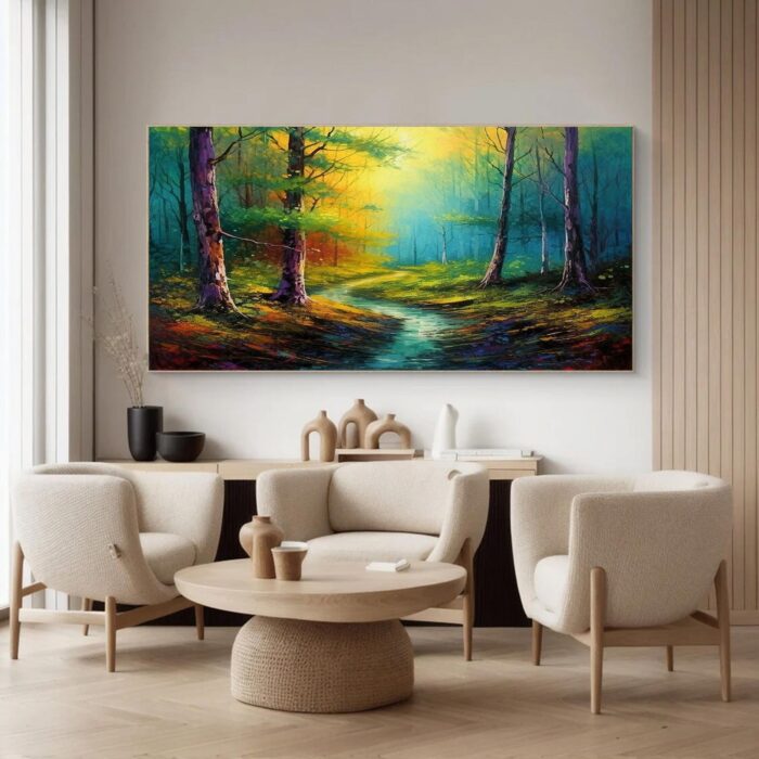 Large Forest Oil Painting Green Yellow Canvas Art Small Stream Landscape Artwork for Living Room Wall Decor - Image 7