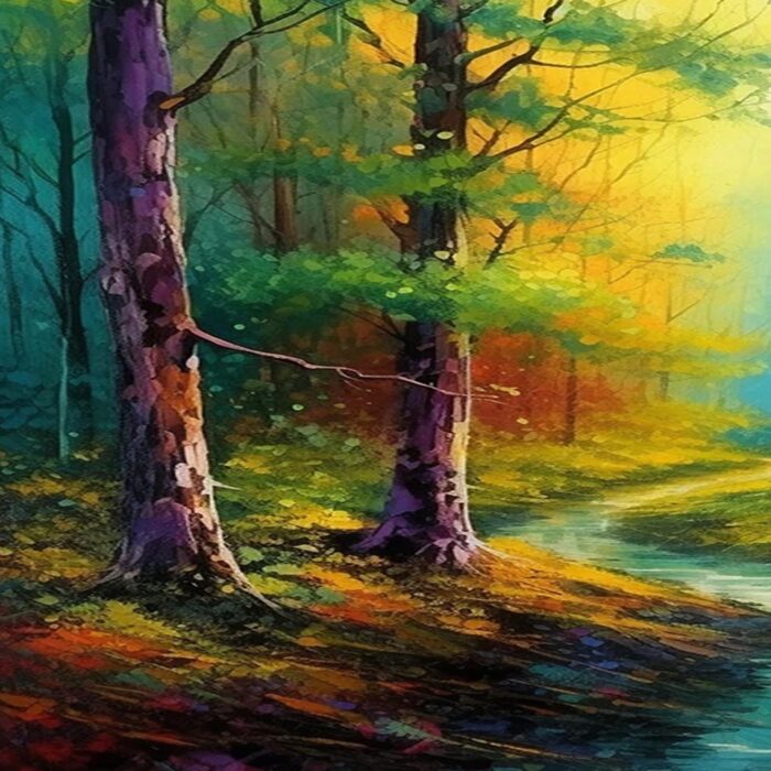 Large Forest Oil Painting Green Yellow Canvas Art Small Stream Landscape Artwork for Living Room Wall Decor - Image 2