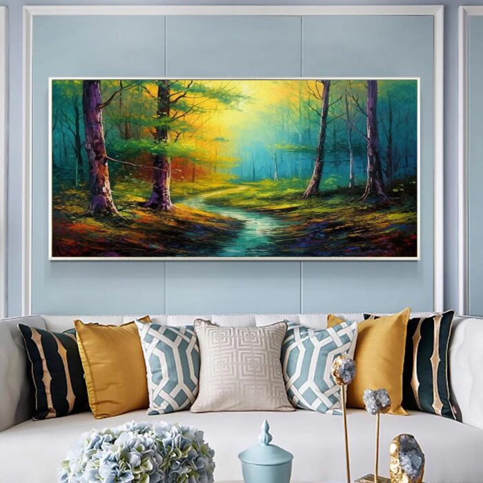 Large Forest Oil Painting Green Yellow Canvas Art Small Stream Landscape Artwork for Living Room Wall Decor - Image 5