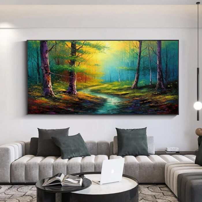 Large Forest Oil Painting Green Yellow Canvas Art Small Stream Landscape Artwork for Living Room Wall Decor - Image 3