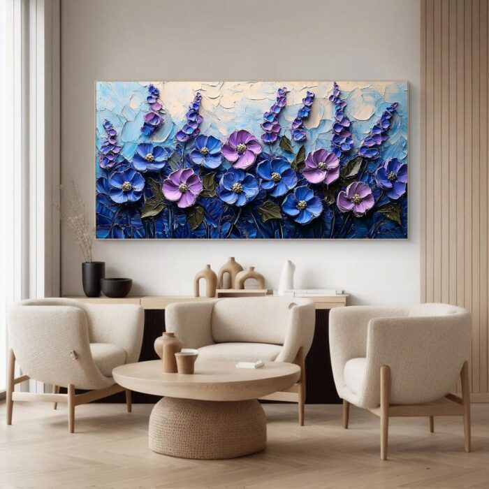 Hand Painted Floral Canvas Art Painting Thick Texture Purple Blue Flowers Canvas Painting Wall Decor Living Room Sofa - Image 6