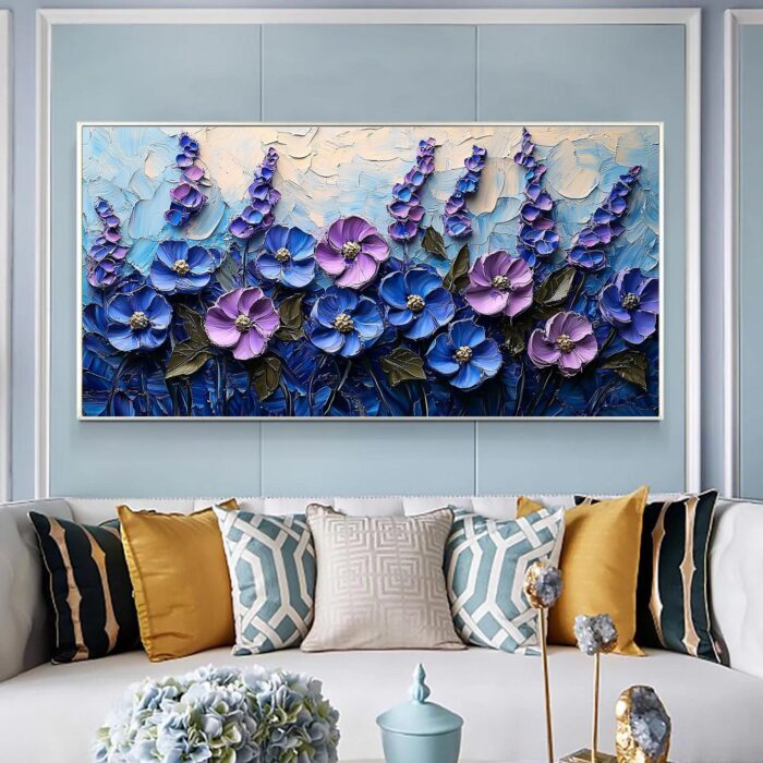 Hand Painted Floral Canvas Art Painting Thick Texture Purple Blue Flowers Canvas Painting Wall Decor Living Room Sofa - Image 4