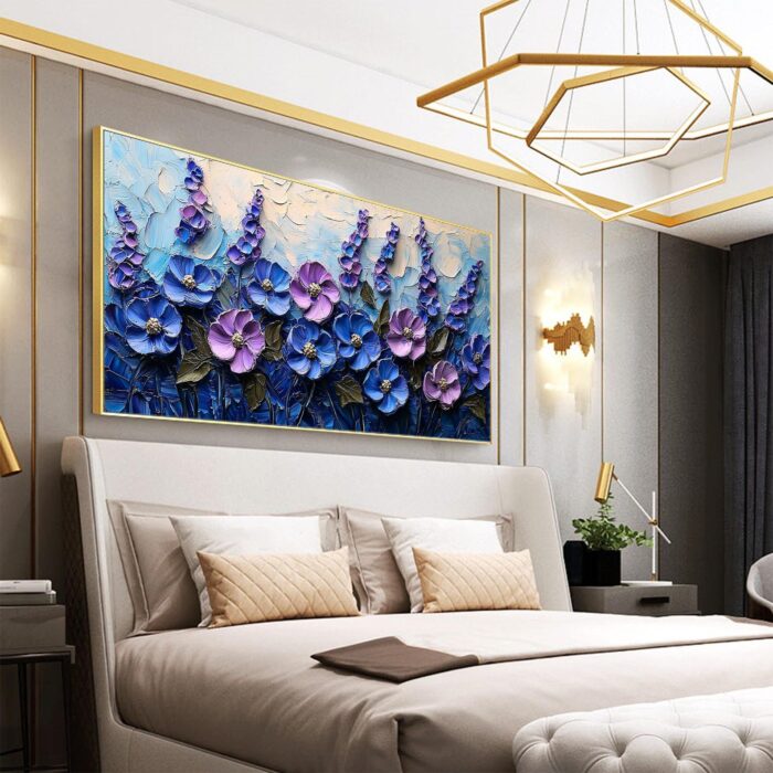 Hand Painted Floral Canvas Art Painting Thick Texture Purple Blue Flowers Canvas Painting Wall Decor Living Room Sofa - Image 9