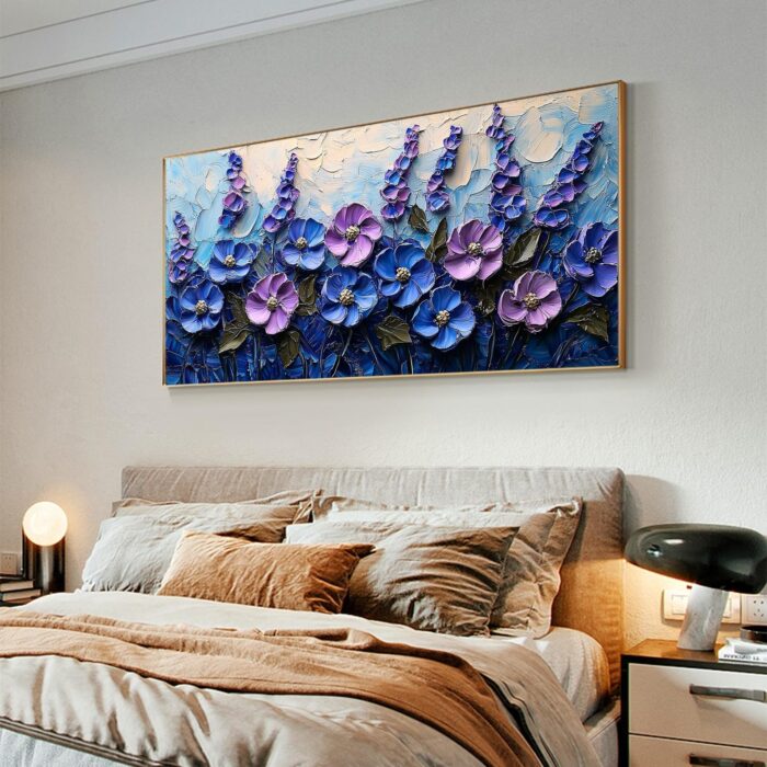 Hand Painted Floral Canvas Art Painting Thick Texture Purple Blue Flowers Canvas Painting Wall Decor Living Room Sofa - Image 8