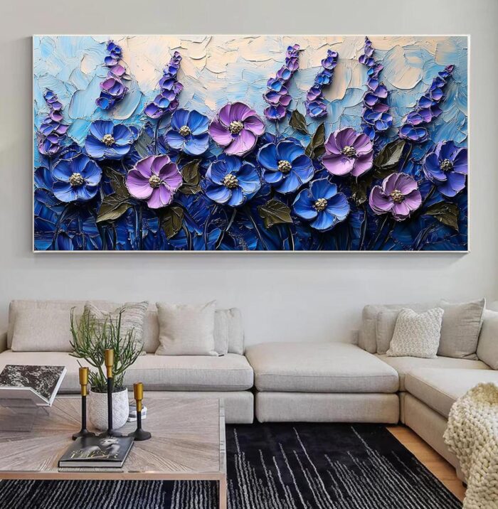 Hand Painted Floral Canvas Art Painting Thick Texture Purple Blue Flowers Canvas Painting Wall Decor Living Room Sofa - Image 3