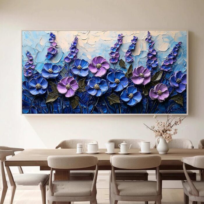 Hand Painted Floral Canvas Art Painting Thick Texture Purple Blue Flowers Canvas Painting Wall Decor Living Room Sofa - Image 7