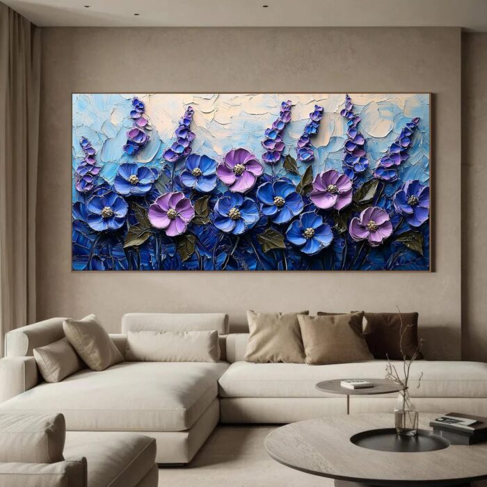 Hand Painted Floral Canvas Art Painting Thick Texture Purple Blue Flowers Canvas Painting Wall Decor Living Room Sofa