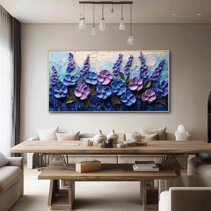 Hand Painted Floral Canvas Art Painting Thick Texture Purple Blue Flowers Canvas Painting Wall Decor Living Room Sofa - Image 5