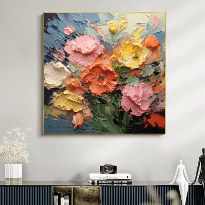 Hand Painted Large Yellow Pink White Flower Texture Oil Painting On Canvas Thick Oil Floral Landscape Square Painting Living Room Wall Art Home Decor - Image 5
