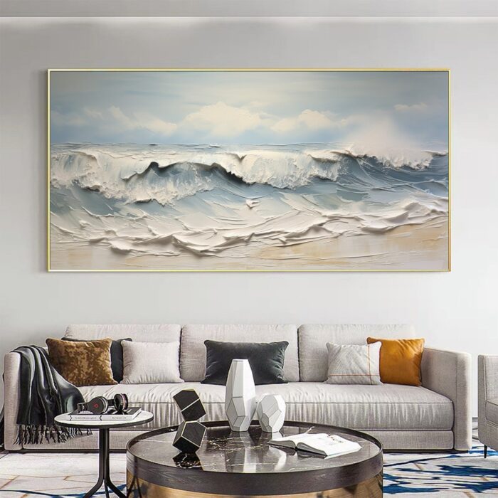 Hand Painted Ocean Waves Wall Art Blue And White Oil Paintings Canvas Sea Waves Canvas Art Home Decoration Decor - Image 5