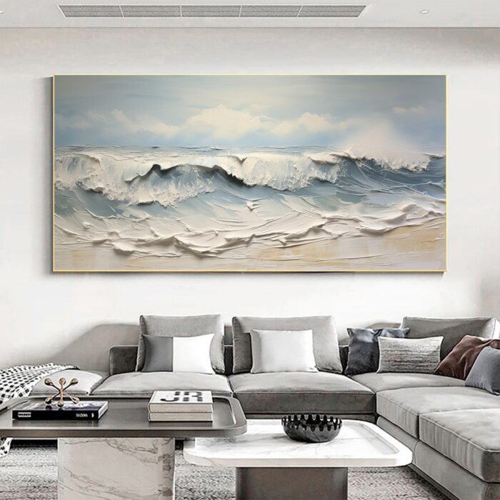 Hand Painted Ocean Waves Wall Art Blue And White Oil Paintings Canvas Sea Waves Canvas Art Home Decoration Decor - Image 4