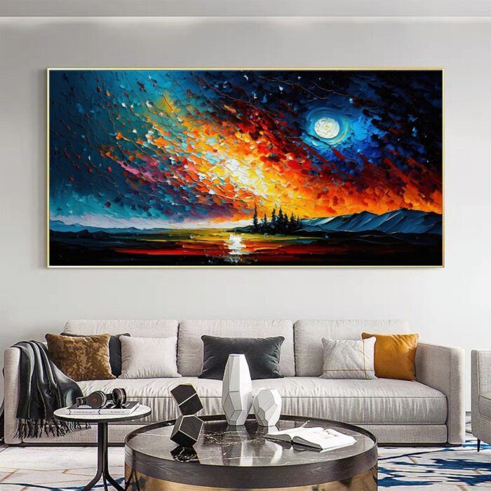 Hand Painted Starry Night Painting Dark Night Sky Painting Colorful Landscape Art for Living Room Decor
