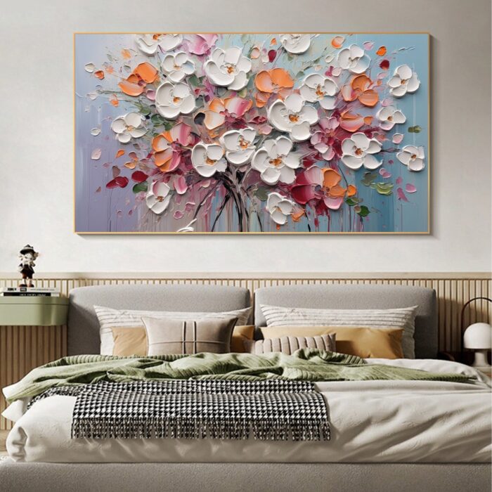 Large 3D Flowers Canvas Art White Floral Texture Oil Painting Blooms Flower Painting Home Office Wall Decor - Image 7