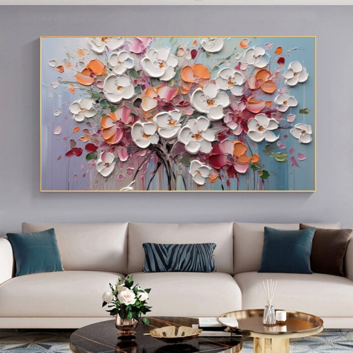 Large 3D Flowers Canvas Art White Floral Texture Oil Painting Blooms Flower Painting Home Office Wall Decor - Image 3