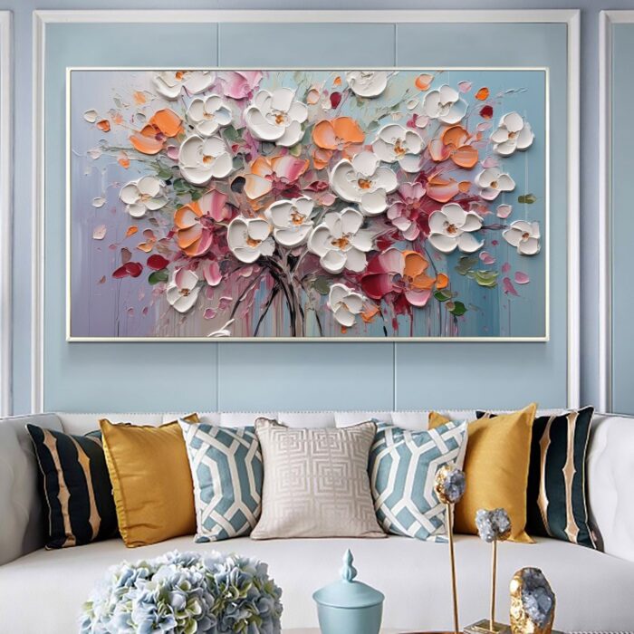 Large 3D Flowers Canvas Art White Floral Texture Oil Painting Blooms Flower Painting Home Office Wall Decor - Image 5