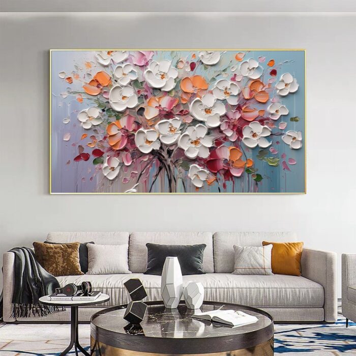 Large 3D Flowers Canvas Art White Floral Texture Oil Painting Blooms Flower Painting Home Office Wall Decor - Image 4