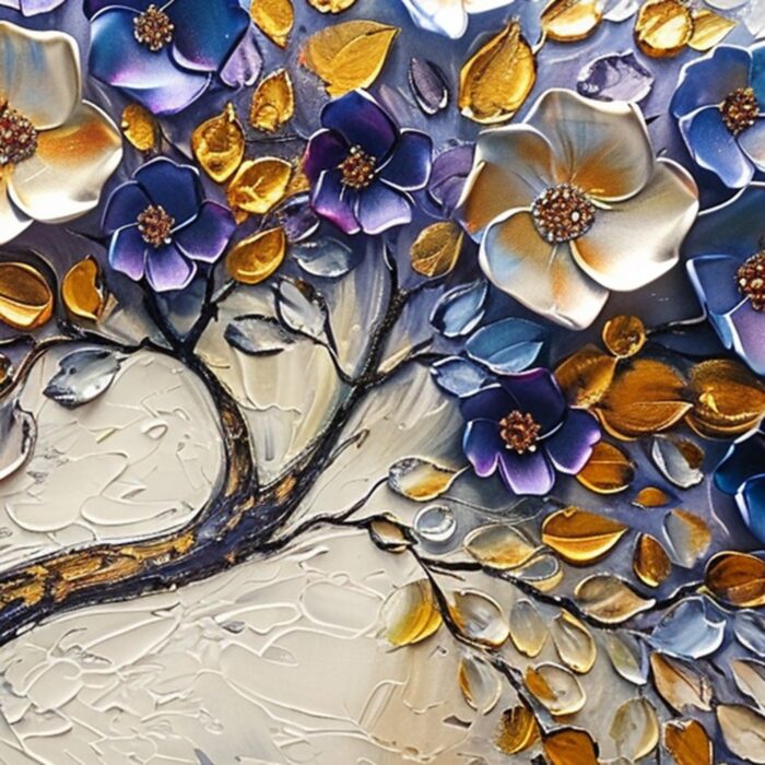 Large Blue Sliver Flower Tree Of Life Canvas Wall Art Abstract Purple Flowering Painting for Bedroom Living Room - Image 2