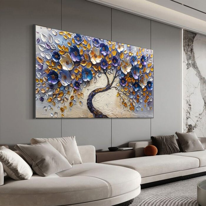 Large Blue Sliver Flower Tree Of Life Canvas Wall Art Abstract Purple Flowering Painting for Bedroom Living Room - Image 8
