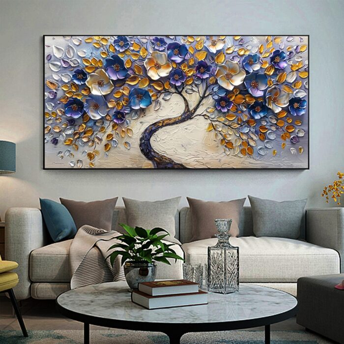 Large Blue Sliver Flower Tree Of Life Canvas Wall Art Abstract Purple Flowering Painting for Bedroom Living Room