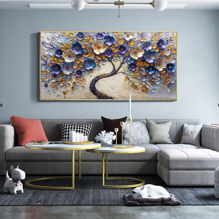 Large Blue Sliver Flower Tree Of Life Canvas Wall Art Abstract Purple Flowering Painting for Bedroom Living Room - Image 3