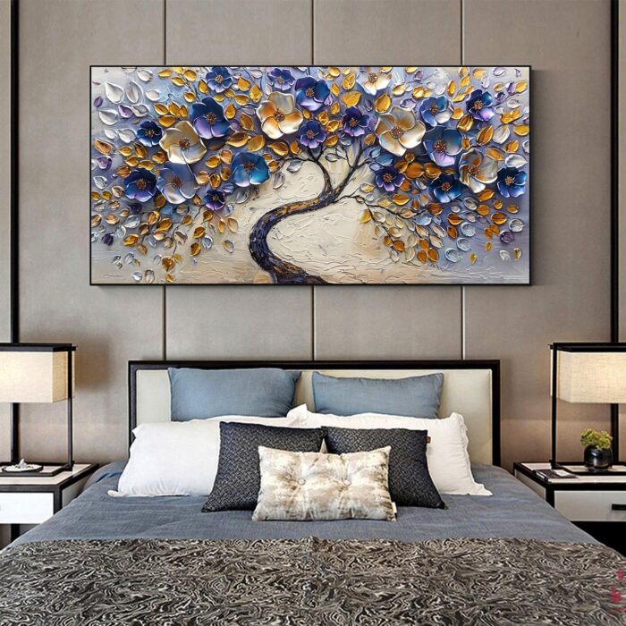 Large Blue Sliver Flower Tree Of Life Canvas Wall Art Abstract Purple Flowering Painting for Bedroom Living Room - Image 7