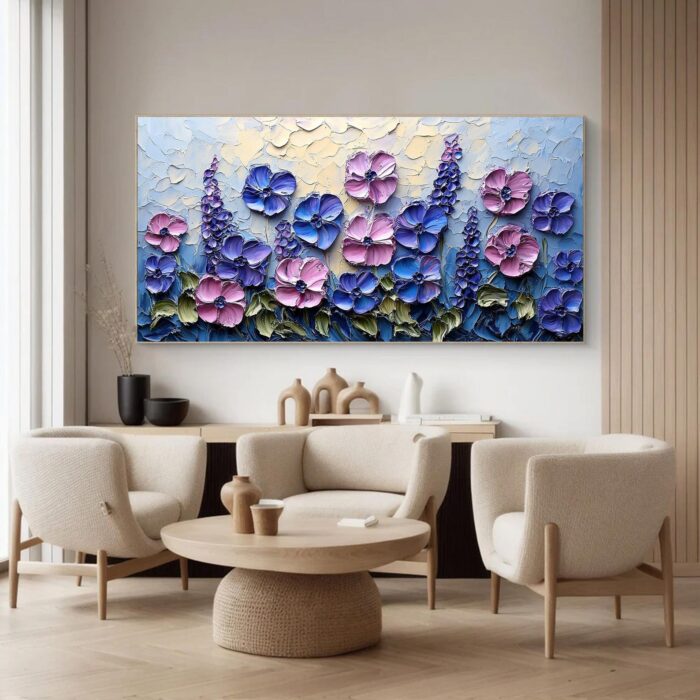 Large Flowers Canvas Wall Art Blue and Pink Blossom Palette Knife Floral Textured Painting for Bedroom Living Room Decor - Image 4