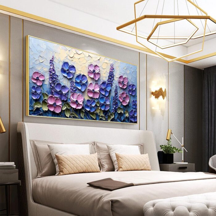Large Flowers Canvas Wall Art Blue and Pink Blossom Palette Knife Floral Textured Painting for Bedroom Living Room Decor - Image 8