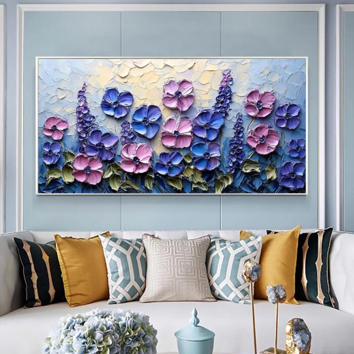 Large Flowers Canvas Wall Art Blue and Pink Blossom Palette Knife Floral Textured Painting for Bedroom Living Room Decor - Image 3