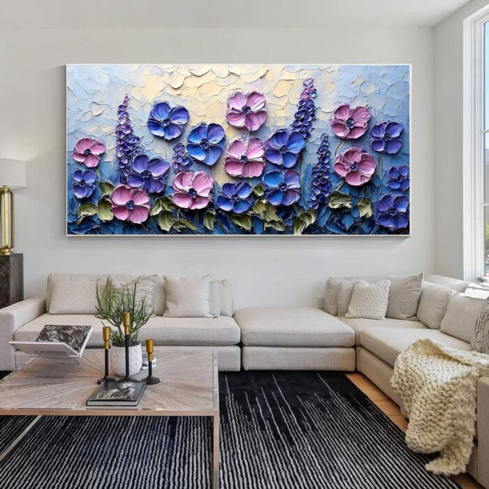 Large Flowers Canvas Wall Art Blue and Pink Blossom Palette Knife Floral Textured Painting for Bedroom Living Room Decor - Image 7