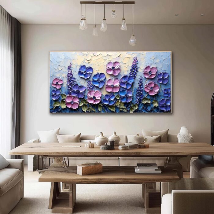 Large Flowers Canvas Wall Art Blue and Pink Blossom Palette Knife Floral Textured Painting for Bedroom Living Room Decor - Image 5