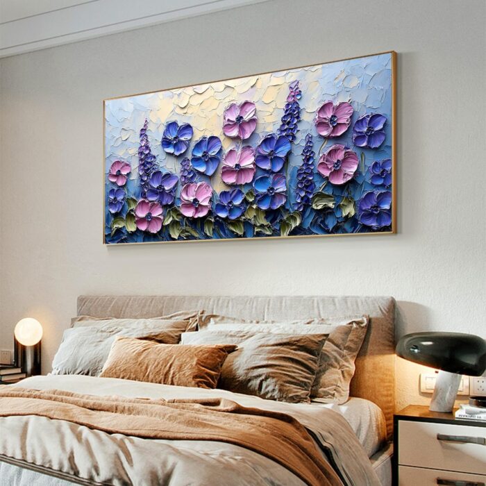 Large Flowers Canvas Wall Art Blue and Pink Blossom Palette Knife Floral Textured Painting for Bedroom Living Room Decor