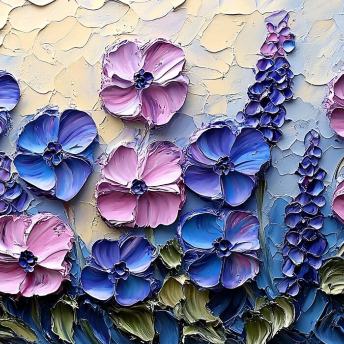 Large Flowers Canvas Wall Art Blue and Pink Blossom Palette Knife Floral Textured Painting for Bedroom Living Room Decor - Image 2